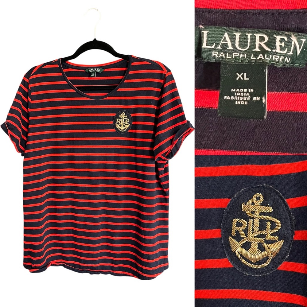 Lauren Ralph Lauren Rugby Stripe Tee Monogram Red Blue size XL